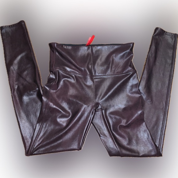 Spanx Women's Stretch Brown Faux Leather Leggings Tummy Control Slimming - Picture 9 of 11